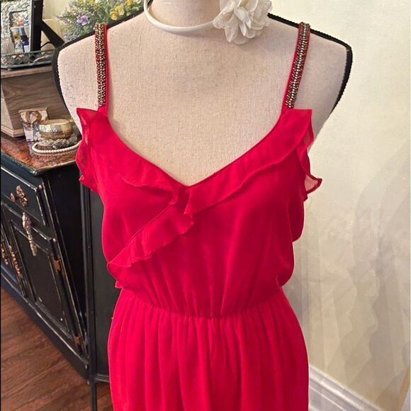 *Zara* *Barbiecore* Red Beaded Sheer Layered Ruffle Trim Dress Sz Small - Picture 3 of 9